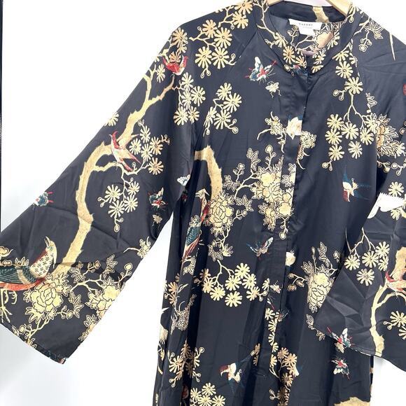 NATORI Private Luxuries Floral Bird Print Silky Zip Front Kimono Robe Medium - Picture 3 of 8